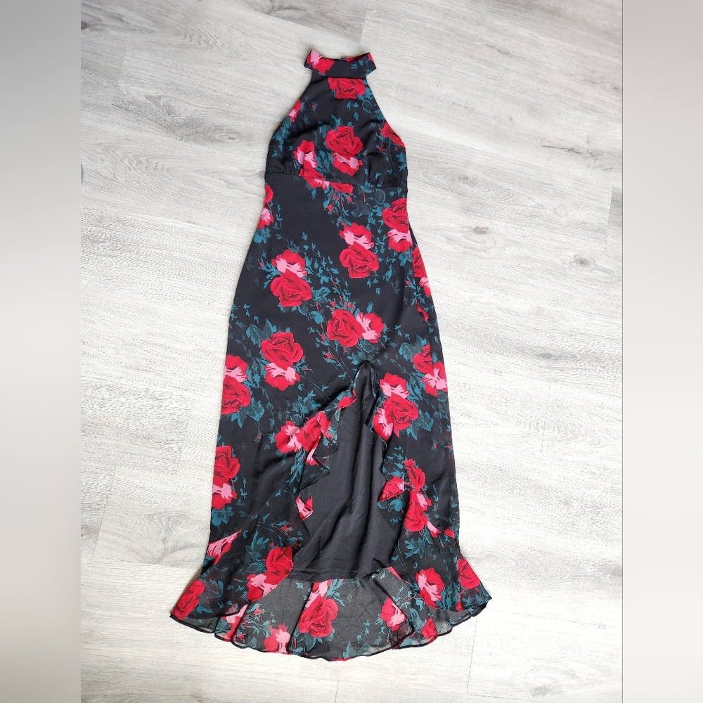 Lulu's Elegant Y2K Vibes Entrance Black Red Floral Print Halter Maxi Dress S - Picture 4 of 12